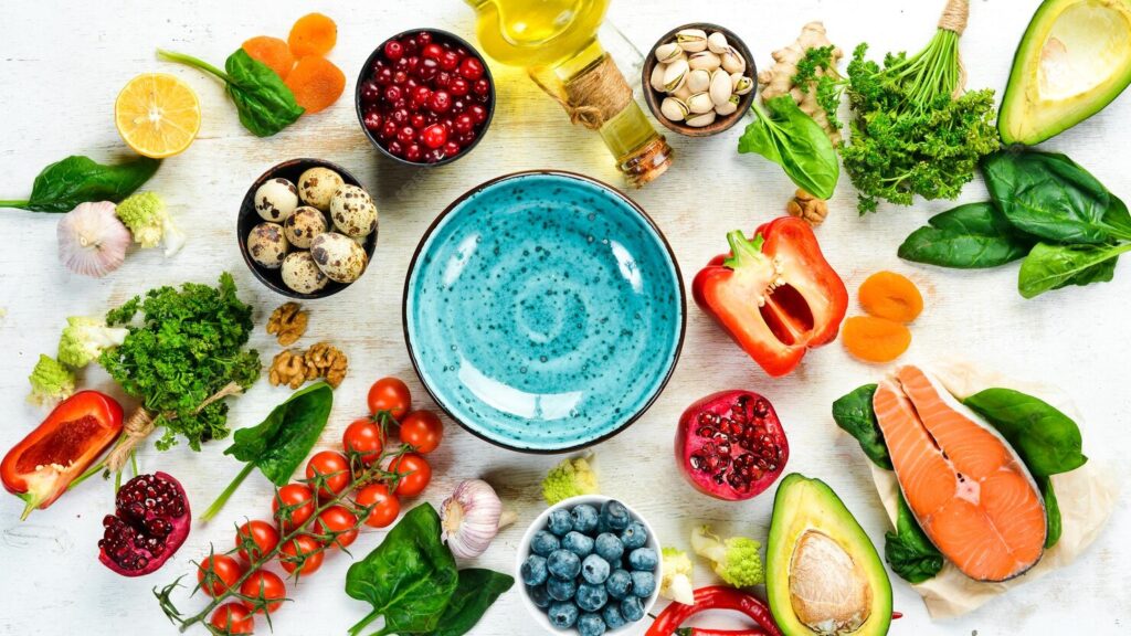 Fresh fruits and vegetables flat lay